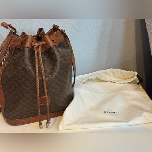 Celine Macadam Vintage Blason Brown Leather Drawstring Bucket Shoulder Bag - Picture 13 of 14